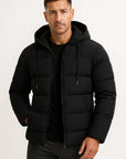 Men's Puffer Jacket Black Cotton Blend Insulated Hooded Winter Coat with Adjustable Hood