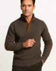 Men's Sweater Brown Knitted Polyester Classic Casual Style with Suede Elbow Patches Button-Up Collar