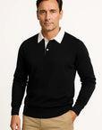 Men's Long Sleeve Polo Shirt Blue Cotton Blend Quarter Button Collared Smart Casual