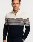 Men's Quarter-Zip Sweater Ivory Cotton Blend Fair Isle Pattern Athletic Fit