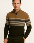 Men's Quarter-Zip Sweater Ivory Cotton Blend Fair Isle Pattern Athletic Fit