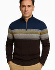 Men's Quarter-Zip Sweater Ivory Cotton Blend Fair Isle Pattern Athletic Fit