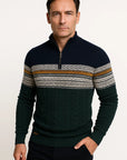 Men's Quarter-Zip Sweater Ivory Cotton Blend Fair Isle Pattern Athletic Fit