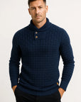 Men's Sweater Cream Soft Fabric High Neck Button Details Woven Knit Pullover
