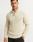 Men's Sweater Cream Soft Fabric High Neck Button Details Woven Knit Pullover