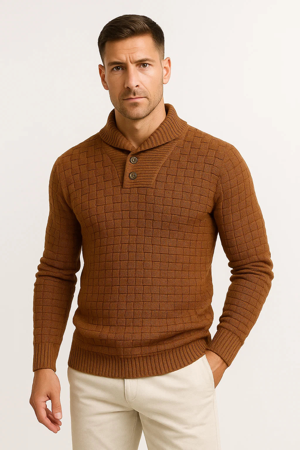 Men&#39;s Sweater Cream Soft Fabric High Neck Button Details Woven Knit Pullover