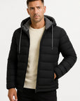 Men's Winter Coat Black Lightweight Insulated Zipper Hood Adjustable Drawstring