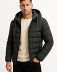 Men's Winter Coat Black Lightweight Insulated Zipper Hood Adjustable Drawstring