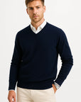 Men's Sweater Gray Wool-Polyester Blend V-Neck Lightweight Layering Ribbed Cuffs