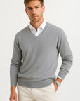 Men's Sweater Gray Wool-Polyester Blend V-Neck Lightweight Layering Ribbed Cuffs