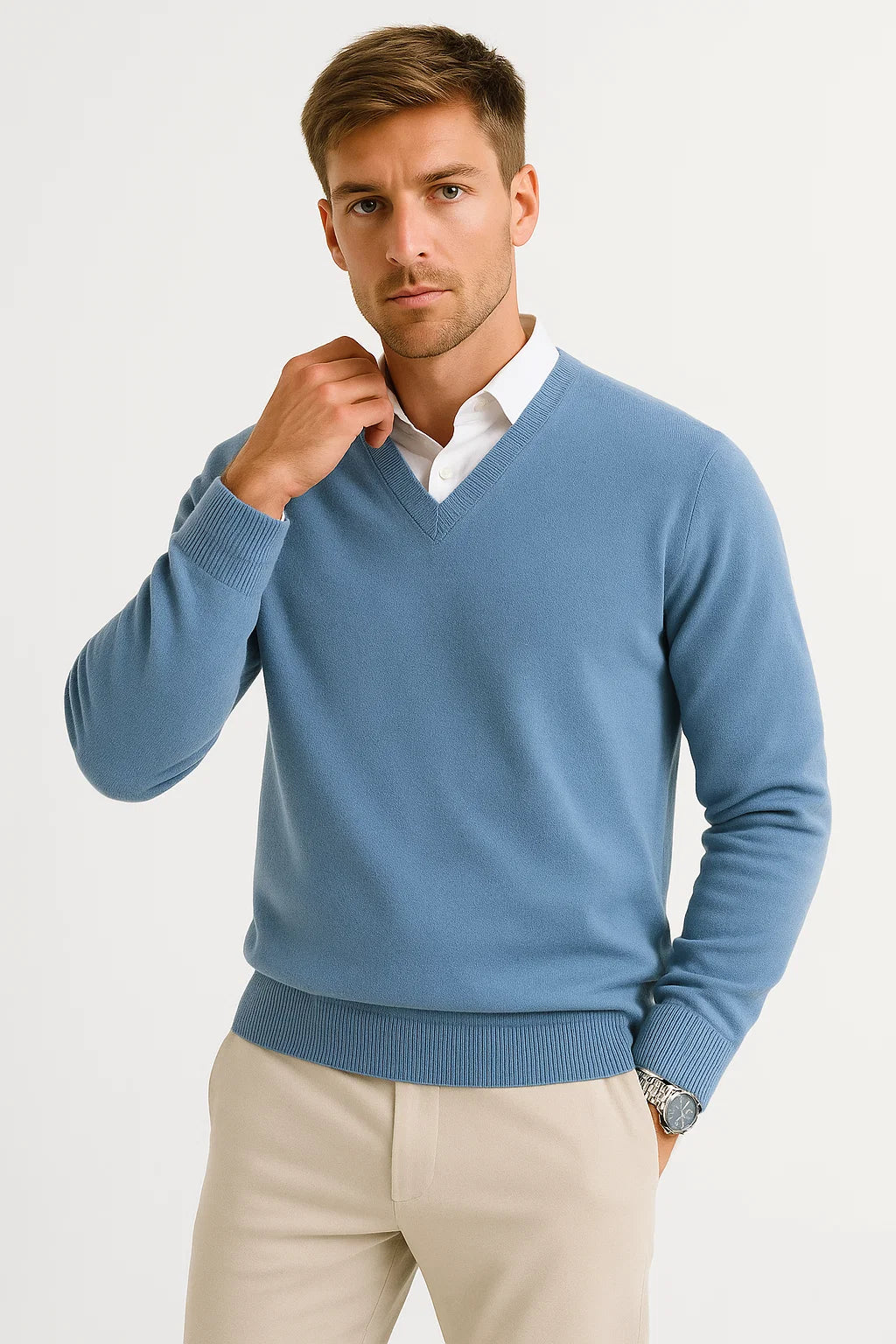 Men&#39;s Sweater Gray Wool-Polyester Blend V-Neck Lightweight Layering Ribbed Cuffs