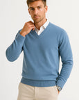 Men's Sweater Gray Wool-Polyester Blend V-Neck Lightweight Layering Ribbed Cuffs