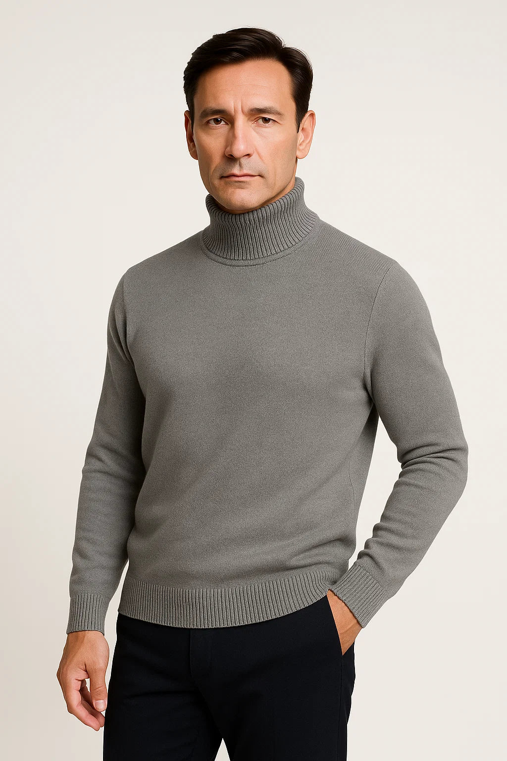 Men&#39;s Turtleneck Sweater Grey Cotton Luxurious Comfortable Fit Roll Neck Design